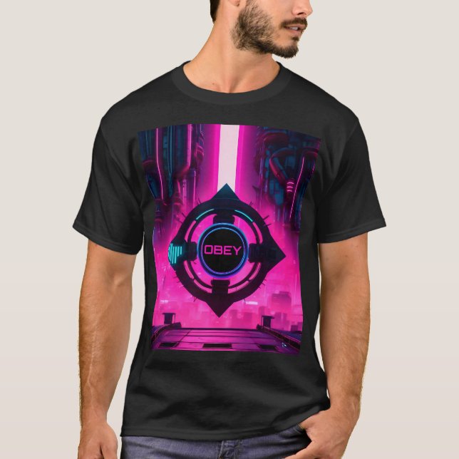 Camiseta Cyberpunk Neon Obey Dystopian Sci-Fi City (Frente)