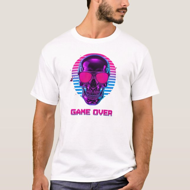 Camiseta Cyberpunk Neon Skull Game Over T-Shirt in Pink and (Frente)