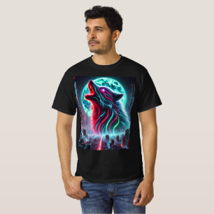 Camiseta Cyberpunk Neon Wolf T-Shirt Design.