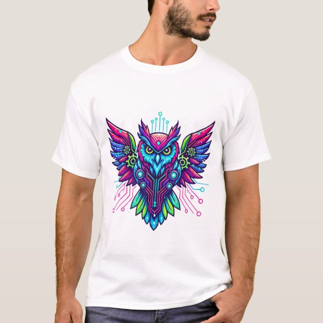 Camiseta Cyberpunk Owl Guardian - Neon Tech Wisdom (Frente)