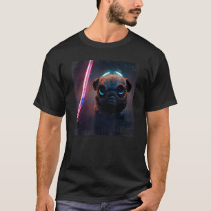 Camiseta Cyberpunk Pug Sci Fi Pug Com Espada-Guerreira