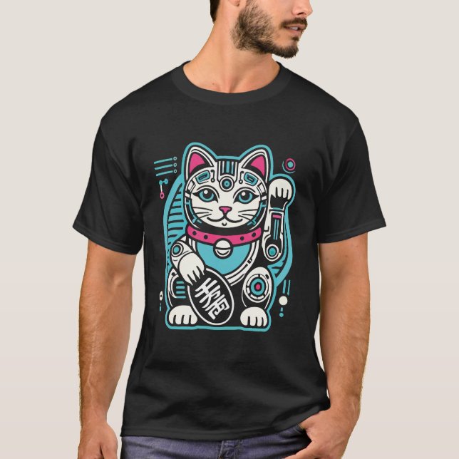 Camiseta Cyberpunk Robot Maneki Neko Lucky Cat, Dinheiro (Frente)