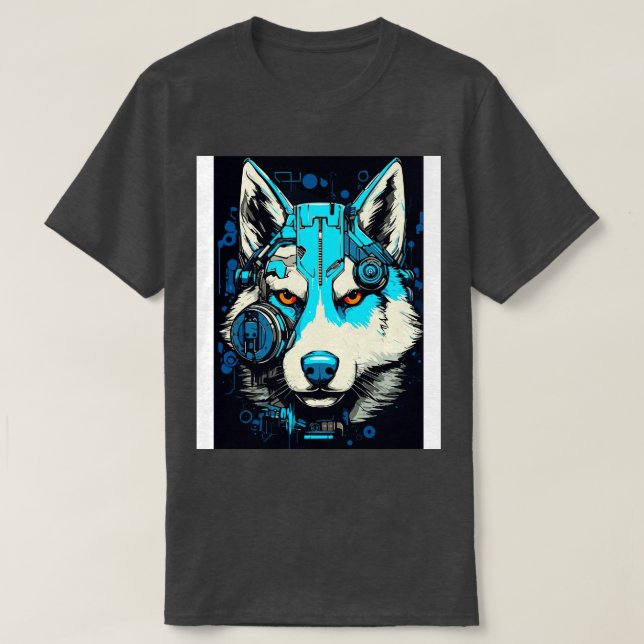 Camiseta Cyberpunk Robot Siberian Husky Dog Breu Futuristi (Frente do Design)