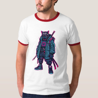 Camiseta Cyberpunk Samurai Cat Neon Anime Art