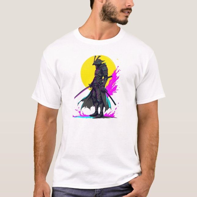 Camiseta Cyberpunk Samurai Warrior Neon Art Design (Frente)