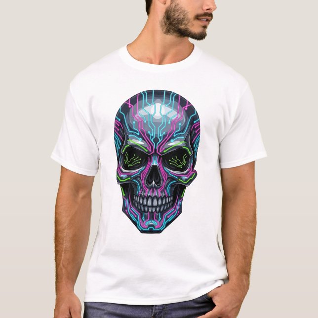 Camiseta Cyberpunk Skeleton T-Shirt – Futuristic Neon Skull (Frente)