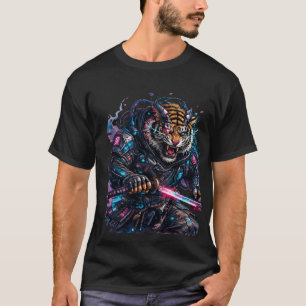 Camiseta Cyberpunk Tigre Samurai Katana Futurista