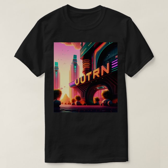 Camiseta Cyberpunk Ulun Cidade Futurística AI Gerada Arte (Frente do Design)