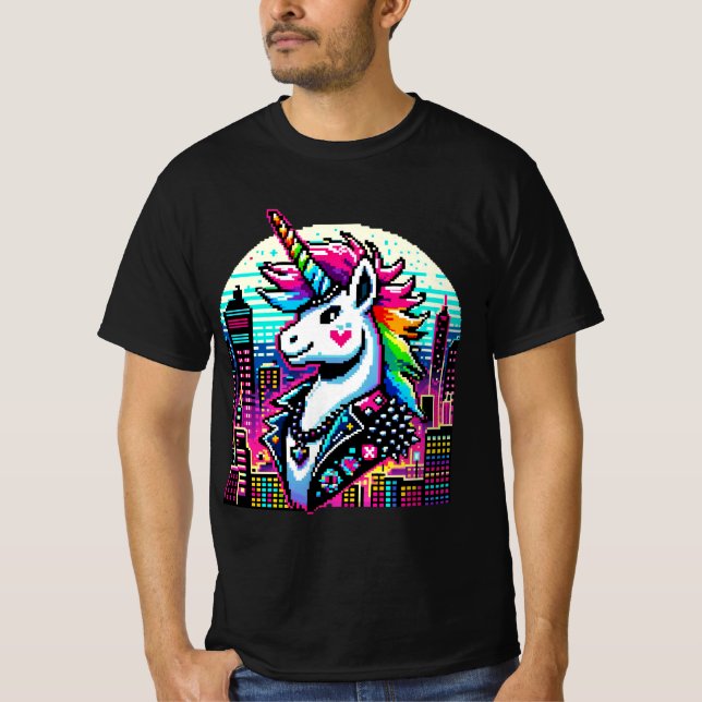 Camiseta Cyberpunk Unicorn Neon Pixel Art Design da paisage (Frente)