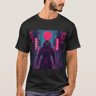 Camiseta Cyberpunk Warrior Under Red Moon