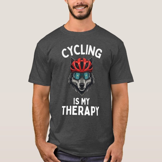 Camiseta Cycling Is My Therapy, Funny Cyclist Wolf Lover (Frente)