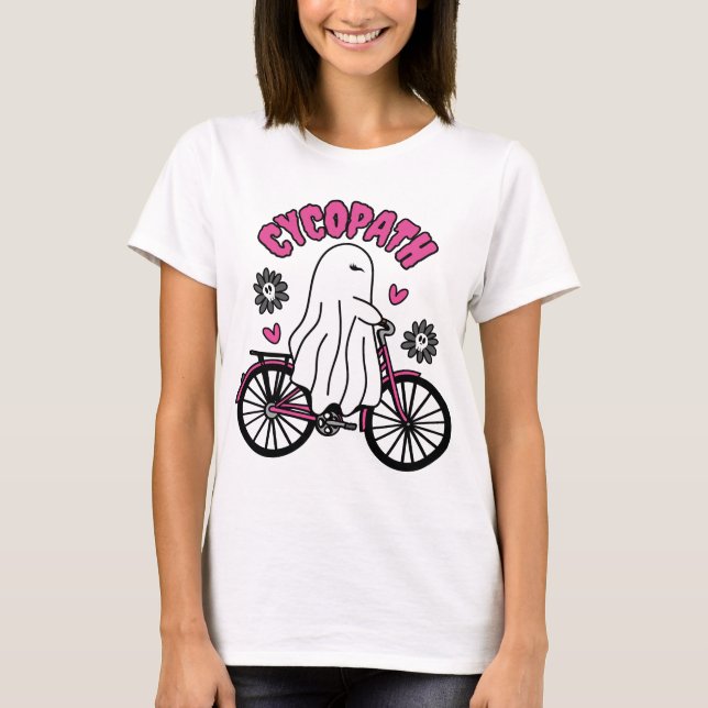 Camiseta Cycopath Halloween Ghost em Bicicleta Rosa (Frente)