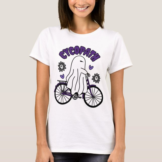 Camiseta Cycopath Halloween Ghost em Bicicleta Roxa (Frente)