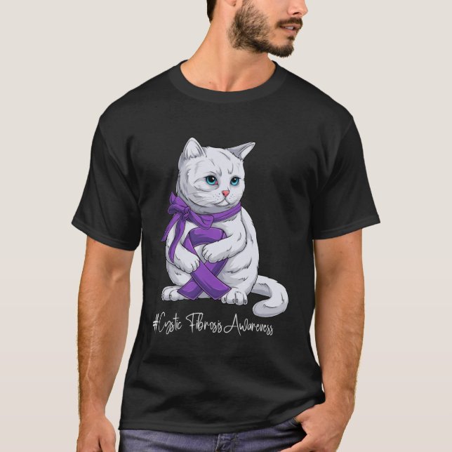 Camiseta Cystic Fibrosis Awareness Month Purple Ribbon Cat (Frente)