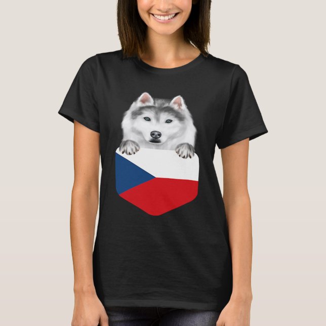 Camiseta Czech Republic Flag Siberian Husky Dog In Pocket (Frente)