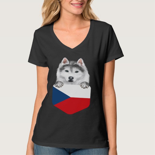 Camiseta Czech Republic Flag Siberian Husky Dog In Pocket (Frente)