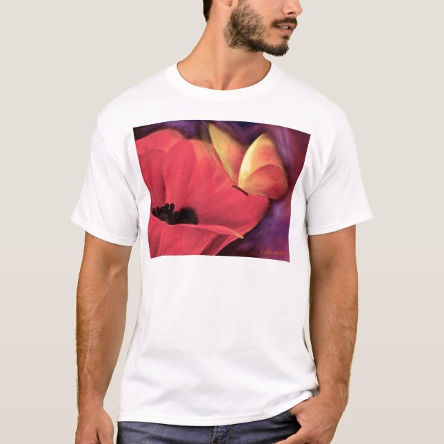 Camiseta Da arte vermelha da papoila da borboleta pintura (Frente)