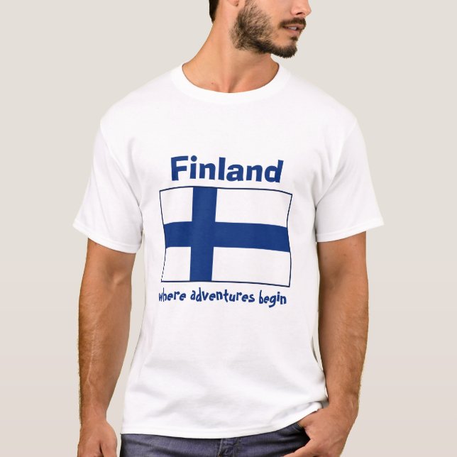 Camiseta da Bandeira da Finlândia + Mapa + Texto (Frente)