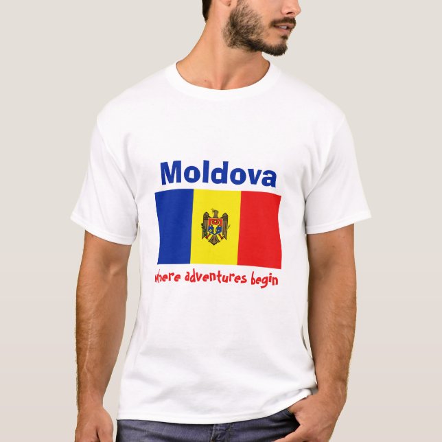 Camiseta da Bandeira da Moldávia + Mapa + Texto (Frente)