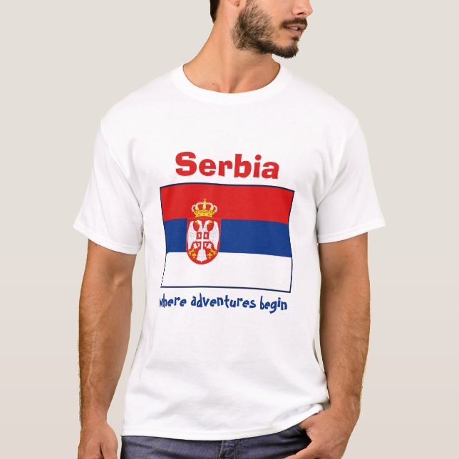Camiseta da Bandeira da Sérvia + Mapa + Texto (Frente)