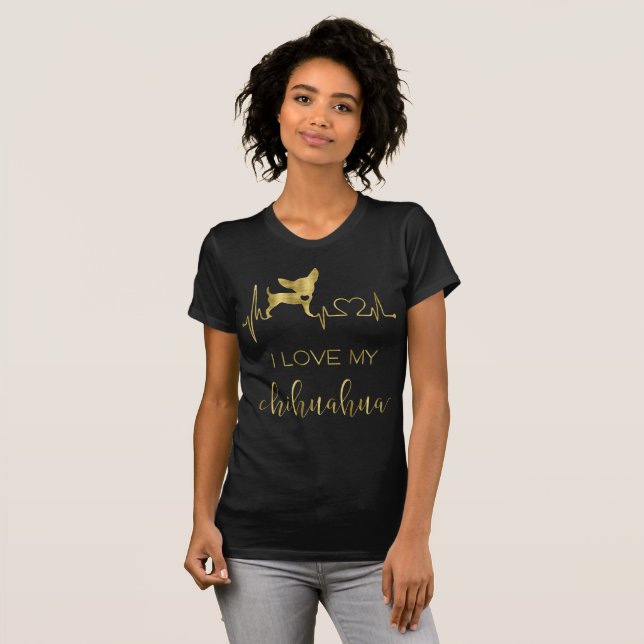 Camiseta da chihuahua da folha preta e Dourado (Frente Completa)