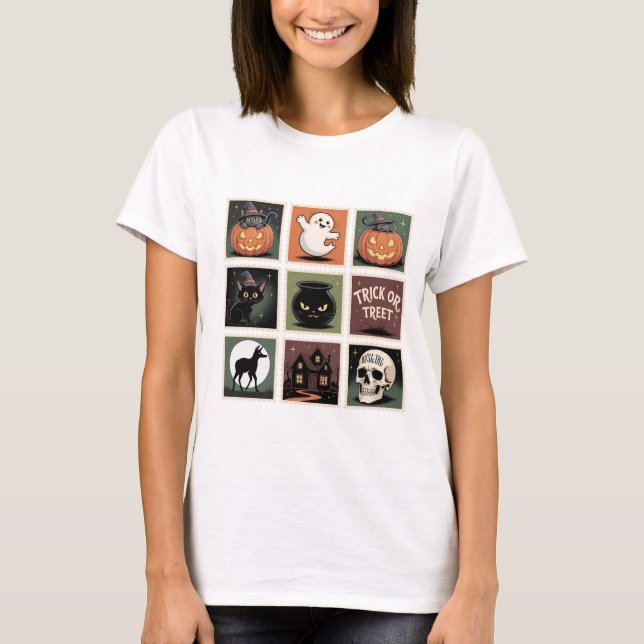 Camiseta da Coleção de Selos de Halloween Retro (Frente)