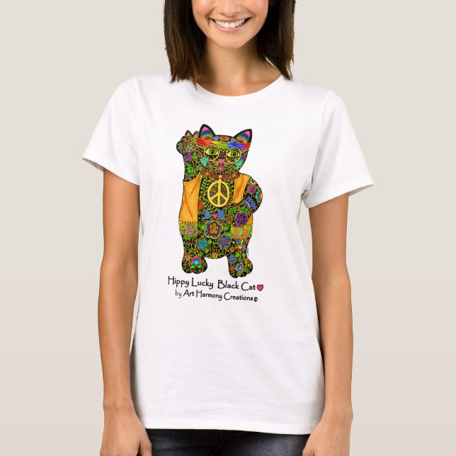 Camiseta Da mulher afortunada do gato preto do hippy o (Frente)