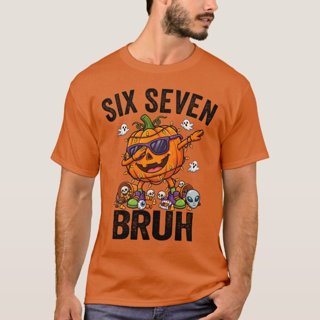 Camiseta Dabbing Abóbora Seis Sete Bruh 6 7 Halloween 67 (Frente)