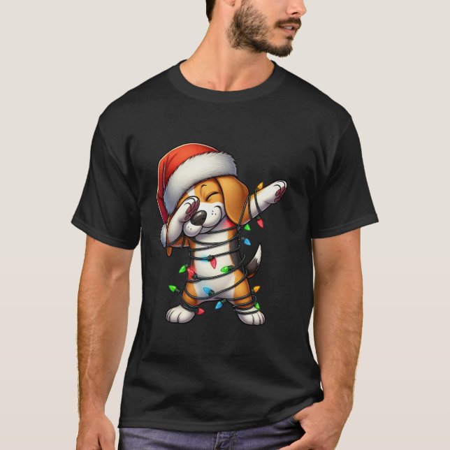 Camiseta Dabbing Beagle Christmas Lights Santa Hat Boys Gir (Frente)