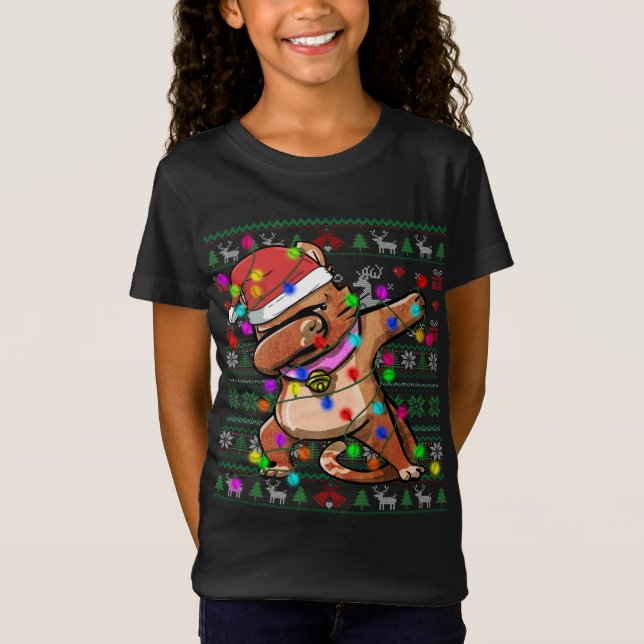 Camiseta Dabbing Cat Fairy Lights Ugly Christmas Sweater Co (Frente)