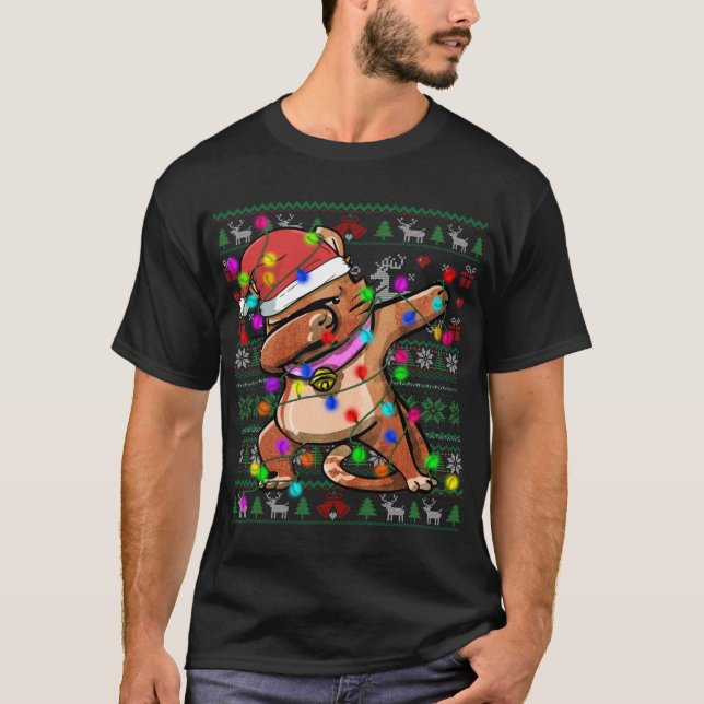 Camiseta Dabbing Cat Fairy Lights Ugly Christmas Sweater Co (Frente)