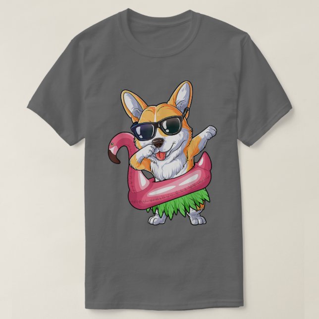 Camiseta Dabbing Corgi Flamingo Float Summer Tropical (Frente do Design)