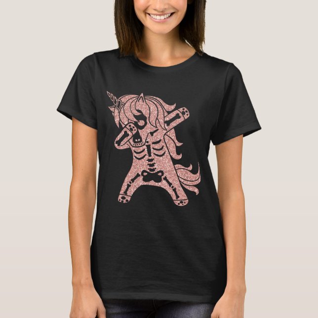 Camiseta Dabbing Glitter Rosa Unicorn Skeleton Halloween  (Frente)