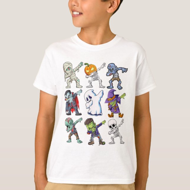 Camiseta Dabbing Halloween Boys Skeleton Zombie Mummy (Frente)