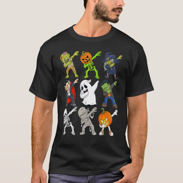Camiseta Dabbing Halloween Skeleton Zombie Scary Pumpkin Va (Frente)
