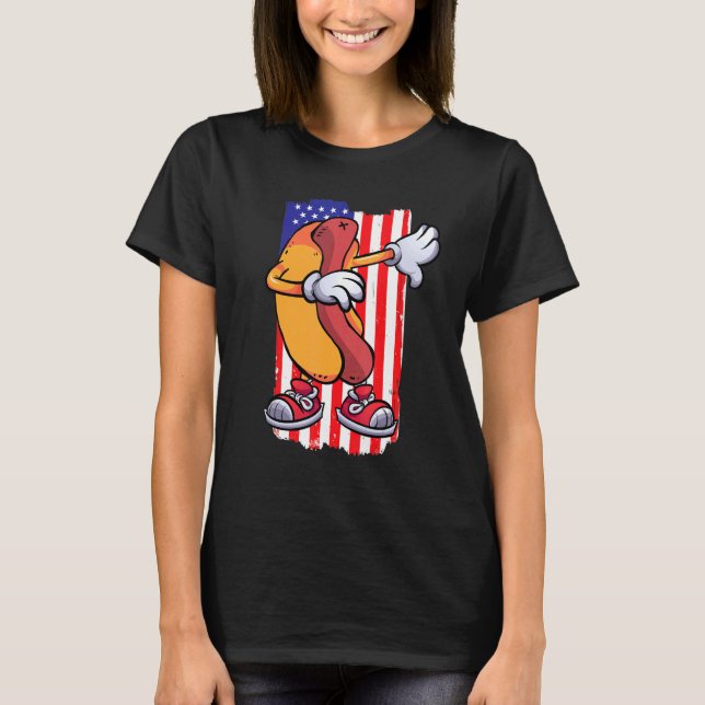 Camiseta Dabbing Hot Dog Dancing Food  Flag 4th July Themed (Frente)