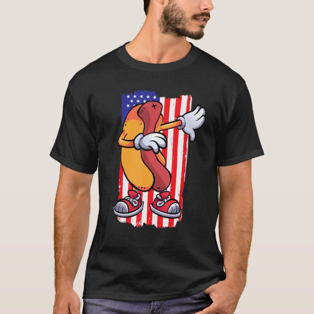 Camiseta Dabbing Hot Dog Dancing Food  Flag 4th July Themed (Frente)