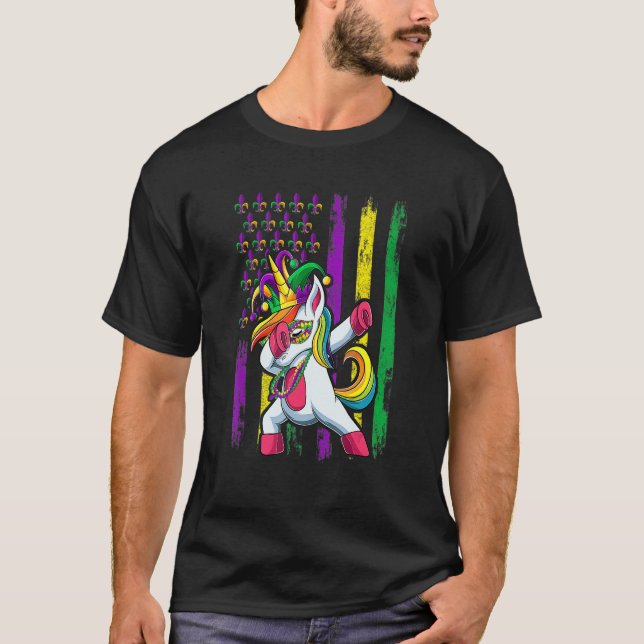 Camiseta Dabbing Jester Unicorn Flag Mardi Gras Shirt, Kids (Frente)
