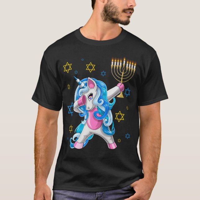 Camiseta Dabbing Jewnicorn judeu Unicorn Hanukkah (Frente)