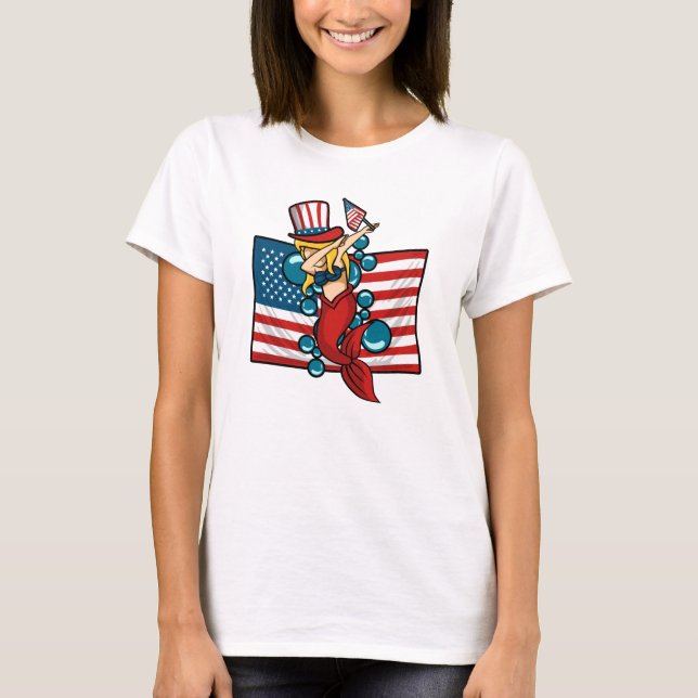Camiseta Dabbing Sereia American Flag Patriótico T-Shirt (Frente)