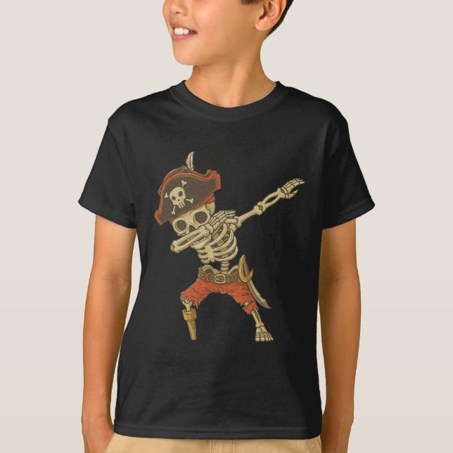Camiseta Dabbing Skeleton Pirate Halloween Kids Jolly Roger (Frente)