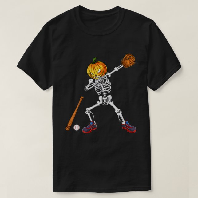 Camiseta Dabbing Skeleton Pumpkin Baseball Halloween (Frente do Design)