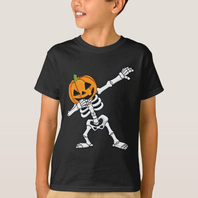 Camiseta Dabbing Skeleton Pumpkin Cabeça Diversão Halloween (Frente)