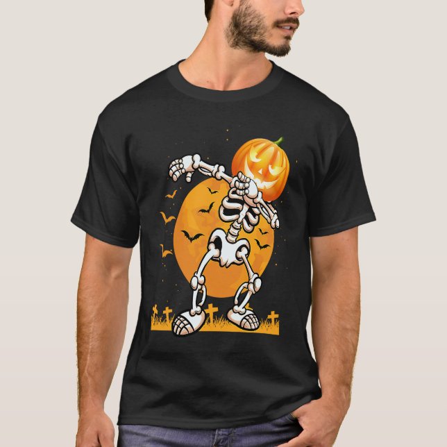 Camiseta Dabbing Skeleton Pumpkin Halloween Costume Men Wom (Frente)