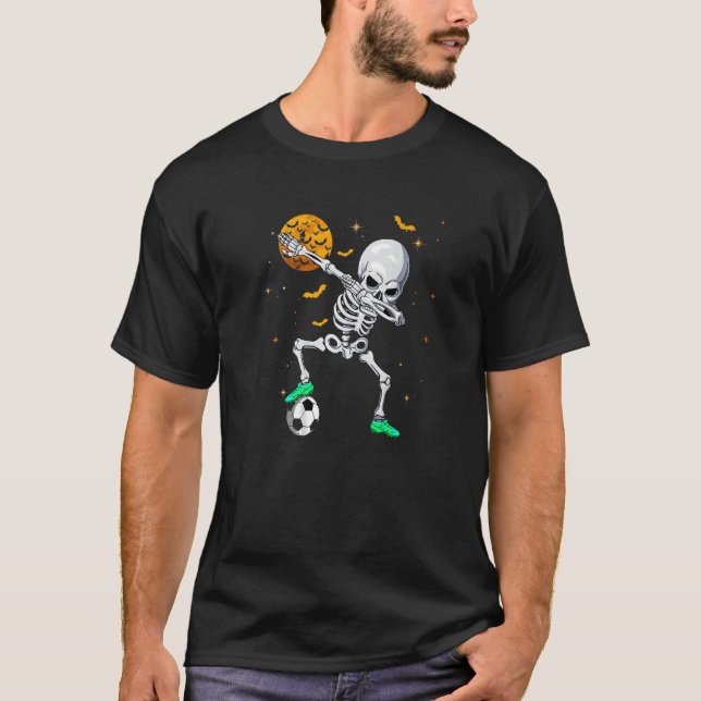 Camiseta Dabbing Skeleton Soccer Halloween Meninas Crianças (Frente)