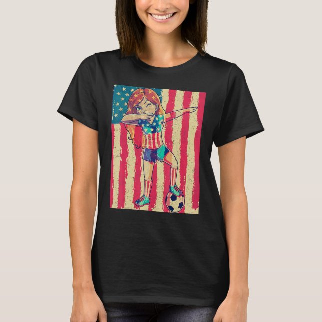 Camiseta Dabbing Soccer Women Girl USA 4th of July American (Frente)