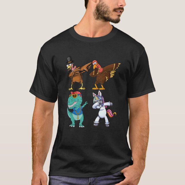 Camiseta Dabbing Squad turkey unicorn dinosaur thanksgiving (Frente)