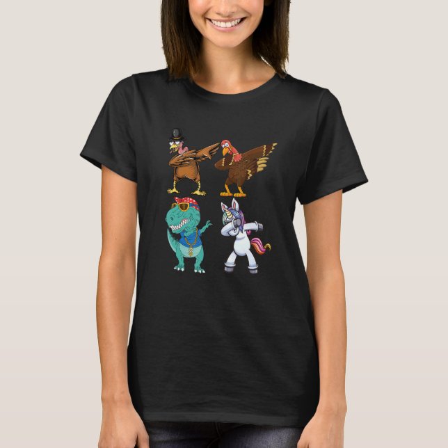 Camiseta Dabbing Squad turkey unicorn dinosaur thanksgiving (Frente)