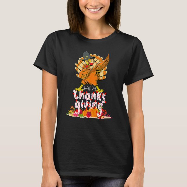 Camiseta Dabbing Turkey Thanksgiving Day Pilgrim Boys Girls (Frente)