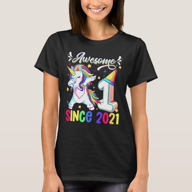 Camiseta Dabbing Unicorn 1st Birthday Awesome 2021 1 Year O (Frente)